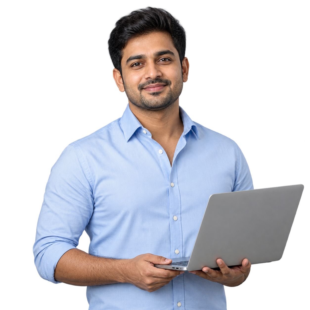 Digital marketing professional holding a laptop